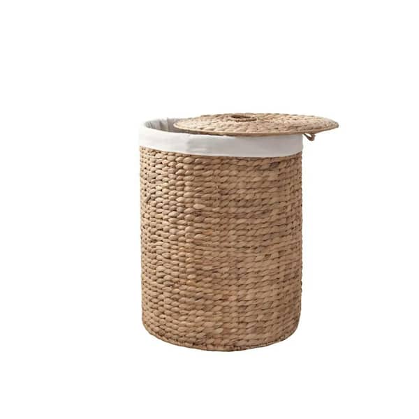Jeedeson Natural Brown Round Tall Water Hyacinth Woven Wicker Laundry Hamper with Lid (15 in. x 15 in. x 20 in.)