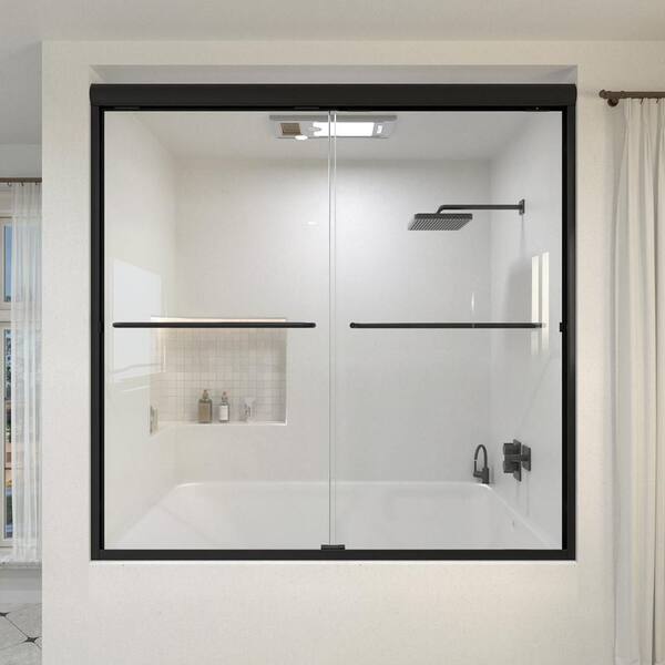Orvix 60 in. W x 56 in. H Sliding Semi Frameless Tub Door in Matte Black Finish with Clear Glass