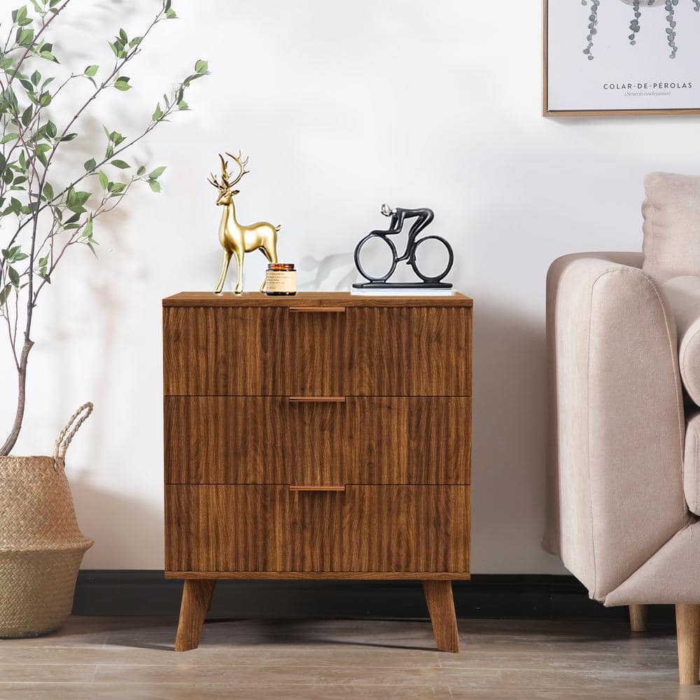 ATHMILE Walnut 3-Drawer Waveform Panel Nightstand Storage Wood ATHMILE Walnut 3-Drawer Waveform Panel Nightstand Storage Wood