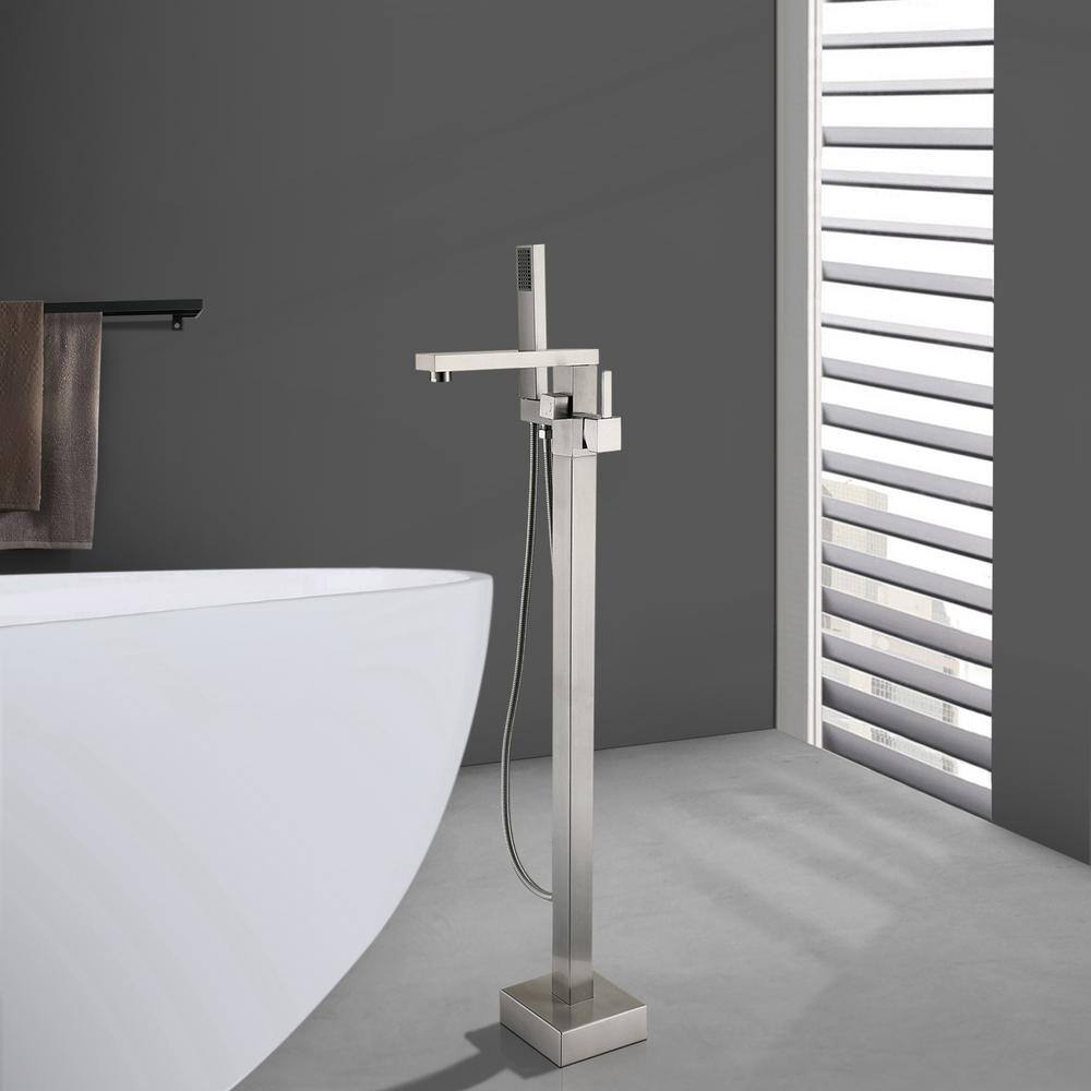 Brushed Nickel Freestanding Tub Filler with Hand Shower
