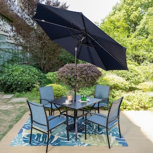 Black 6-Piece Metal Slat Round Table Patio Outdoor Dining Set with Blue Textilene Chairs and Umbrella