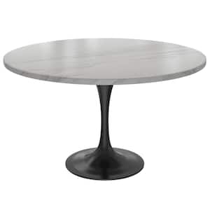 Verve Modern 48 in. Round Dining Table with Sintered Stone Tabletop in Black Steel Pedestal Base, White