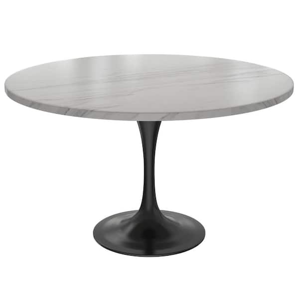 Leisuremod Verve Modern 48 in. Round Dining Table with Sintered Stone Tabletop in Black Steel Pedestal Base, White