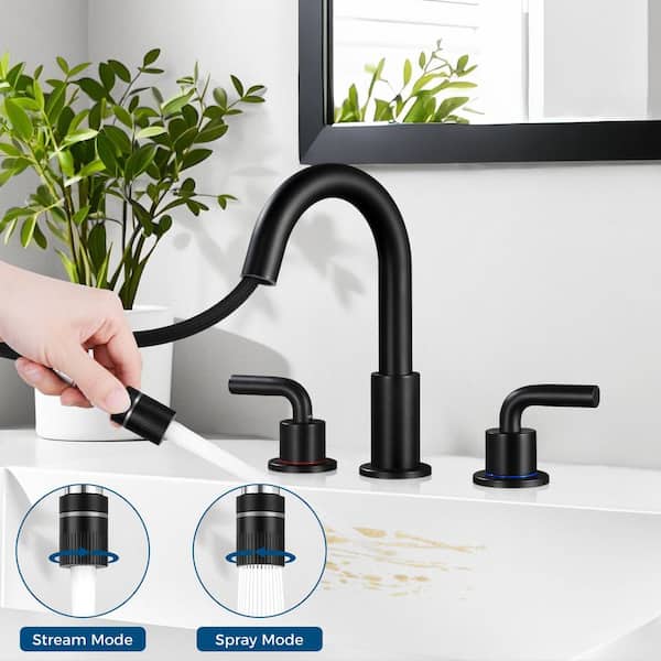 8 in. Widespread Double Handle Bathroom Faucet 3 Hole Pull Down Sink Faucet with Pop-Up Drain in Matte Black
