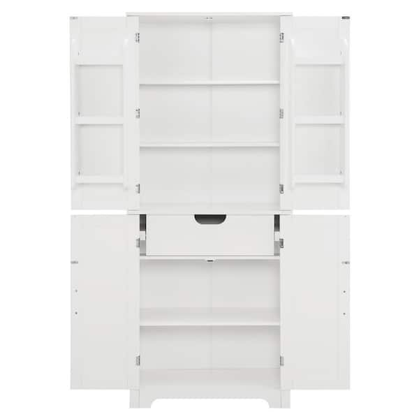 28.15 in. W x 15 in. D x 67.4 in. H White Wood Linen Cabinet with Adjustable Shelf and Storage Racks