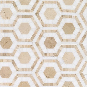 Kosmos Crema and Thassos Hexagon 11-3/4 in. x 11-3/4 in. x 10 mm Polished Marble Mosaic Tile