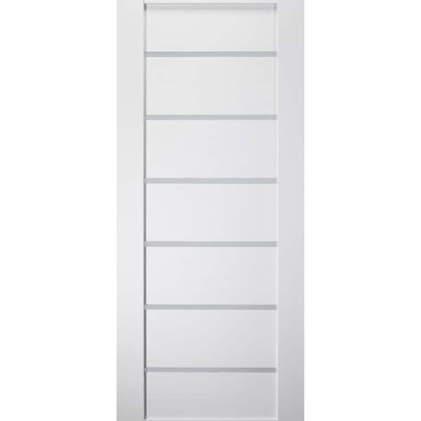 28 in. x 80 in. 6 Lite Solid Core Narrow Satin Etched Glass Primed MDF Wood Interior Door Slab