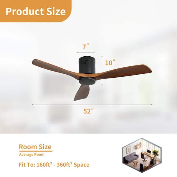 52 in. Indoor Flush Mount Walnut Solid Wood Blades Standard Ceiling Fan with Remote 6-Speed, DC Motor Reversible