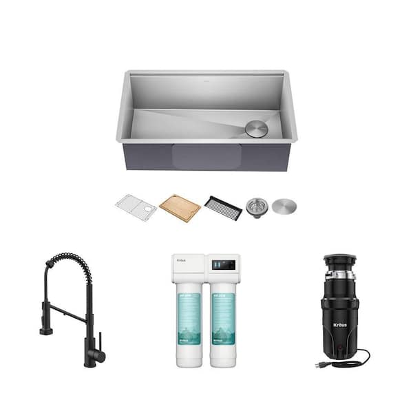 32 in. Undermount Sink, Bolden Pull-Down Faucet, Purita 2-Stage Filtration, and 1/2 HP Disposal Combo