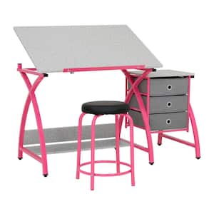50 in. 2-Piece Rectangular Pink Comet Center Plus Writing Desk with Adjustable Top, 3-Pull-Out Drawers and Stool