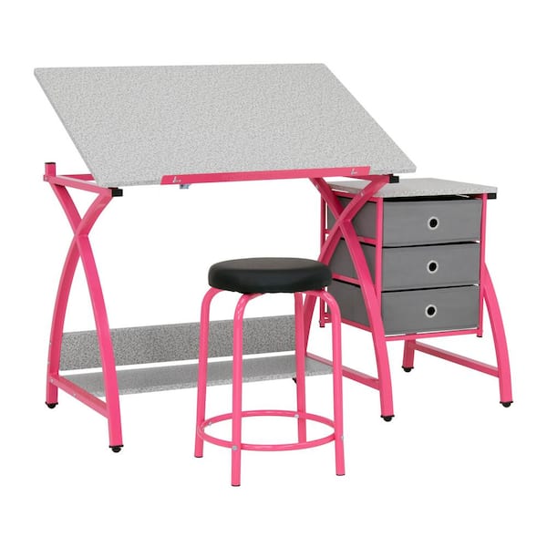 Studio Designs 50 in. 2-Piece Rectangular Pink Comet Center Plus Writing Desk with Adjustable Top, 3-Pull-Out Drawers and Stool