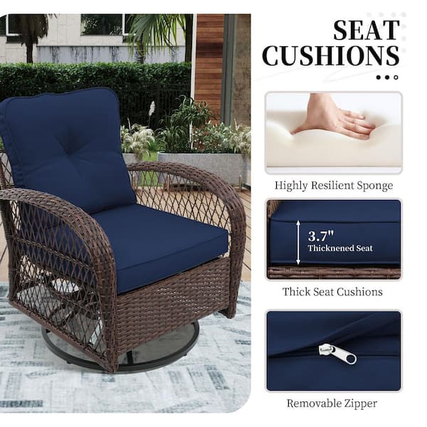 3-Piece Brown Wicker Patio Outdoor Rocking Chair Set with Navy Blue Cushion and Side Table