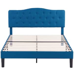 Bed Frame with Button, Blue Wood Frame Slat Support Easy Assembly - Full Platform Bed Frame With Upholstered Headboard