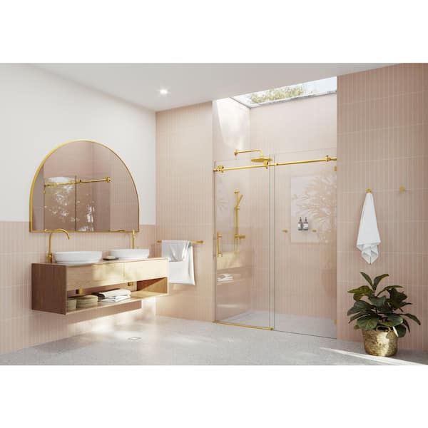 64 in. W x 78 in. H Sliding Frameless Shower Door in Satin Brass