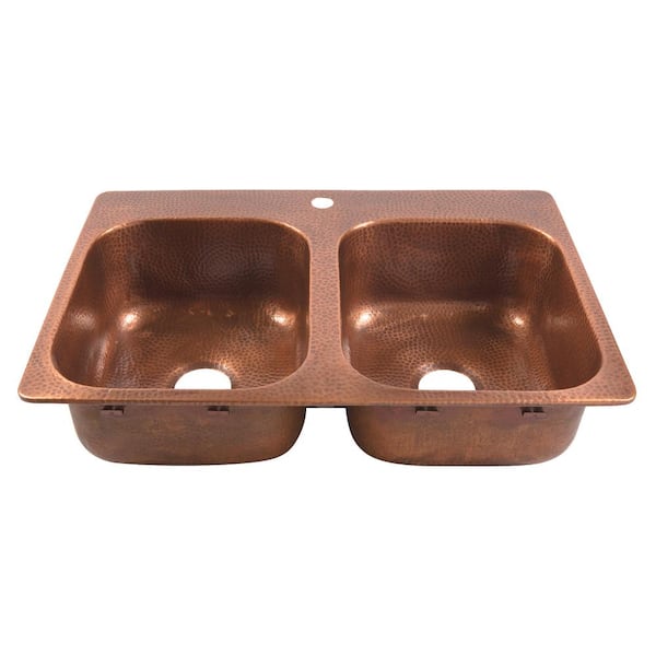 SINKOLOGY Angelico Copper 33 in. Double Bowl Drop-In Kitchen Sink with 1 Hole