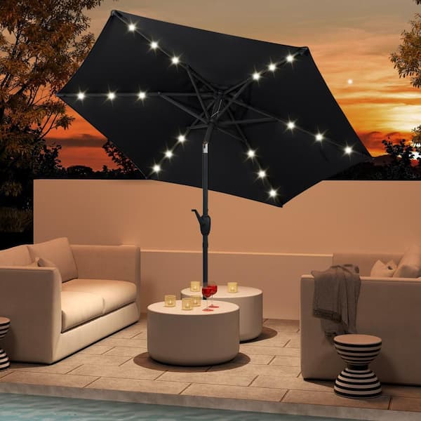 7.5 ft. Solar Powered Market Patio Umbrella with LED Lights Push Button Tilt Crank Handle in Black