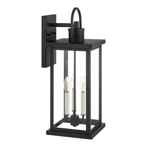 Hampton Bay Parkbend 23.75 in. 3-Light Textured Matte Black Hardwired Outdoor Wall Lantern Sconce
