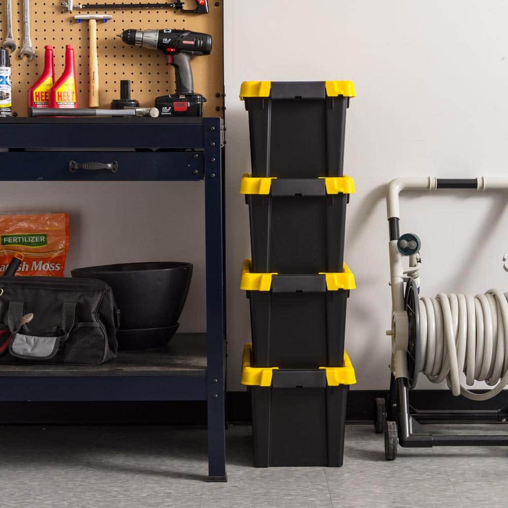Heavy-Duty Black and Yellow Stackable Plastic Storage Totes