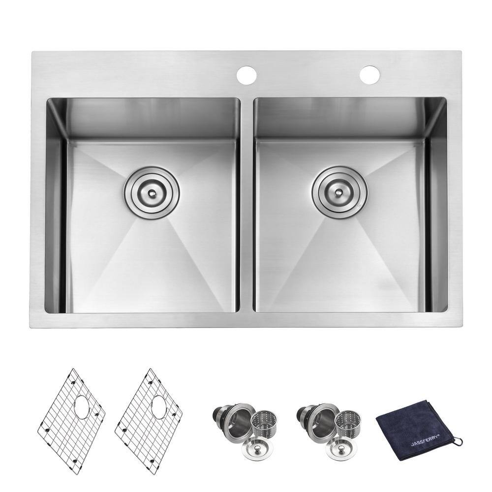 JASSFERRY Handcrafted 16-Gauge Stainless Steel 33 in. Double Bowl Tight  Radius Drop-In Kitchen Sink with Bottom Grid KB-3322H - The Home Depot