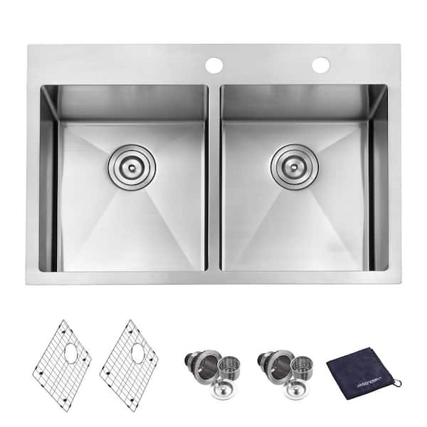 JASSFERRY Handcrafted 16-Gauge Stainless Steel 33 in. Double Bowl Tight Radius Drop-In Kitchen Sink with Bottom Grid