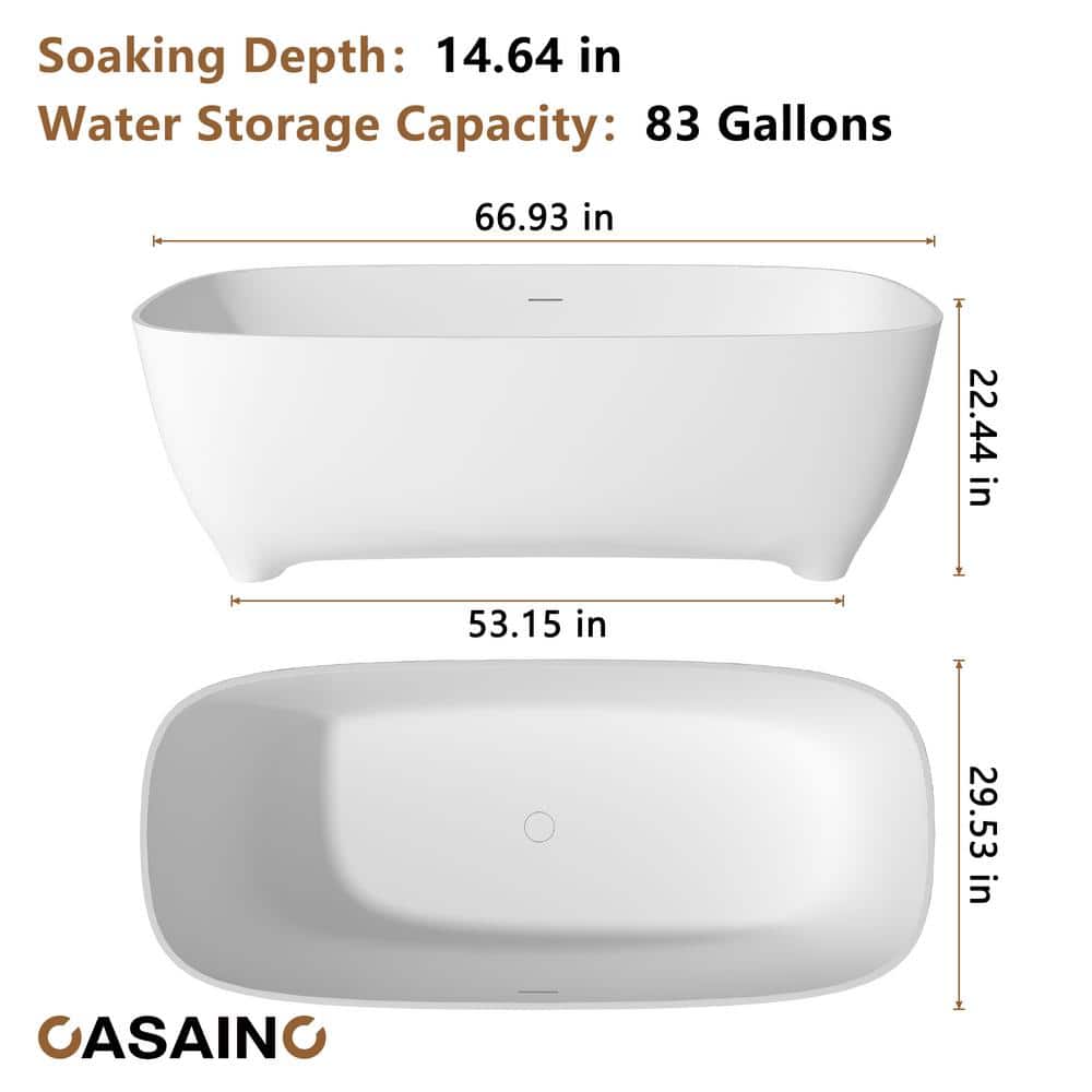 67" White Solid Surface Freestanding Soaking Bathtub