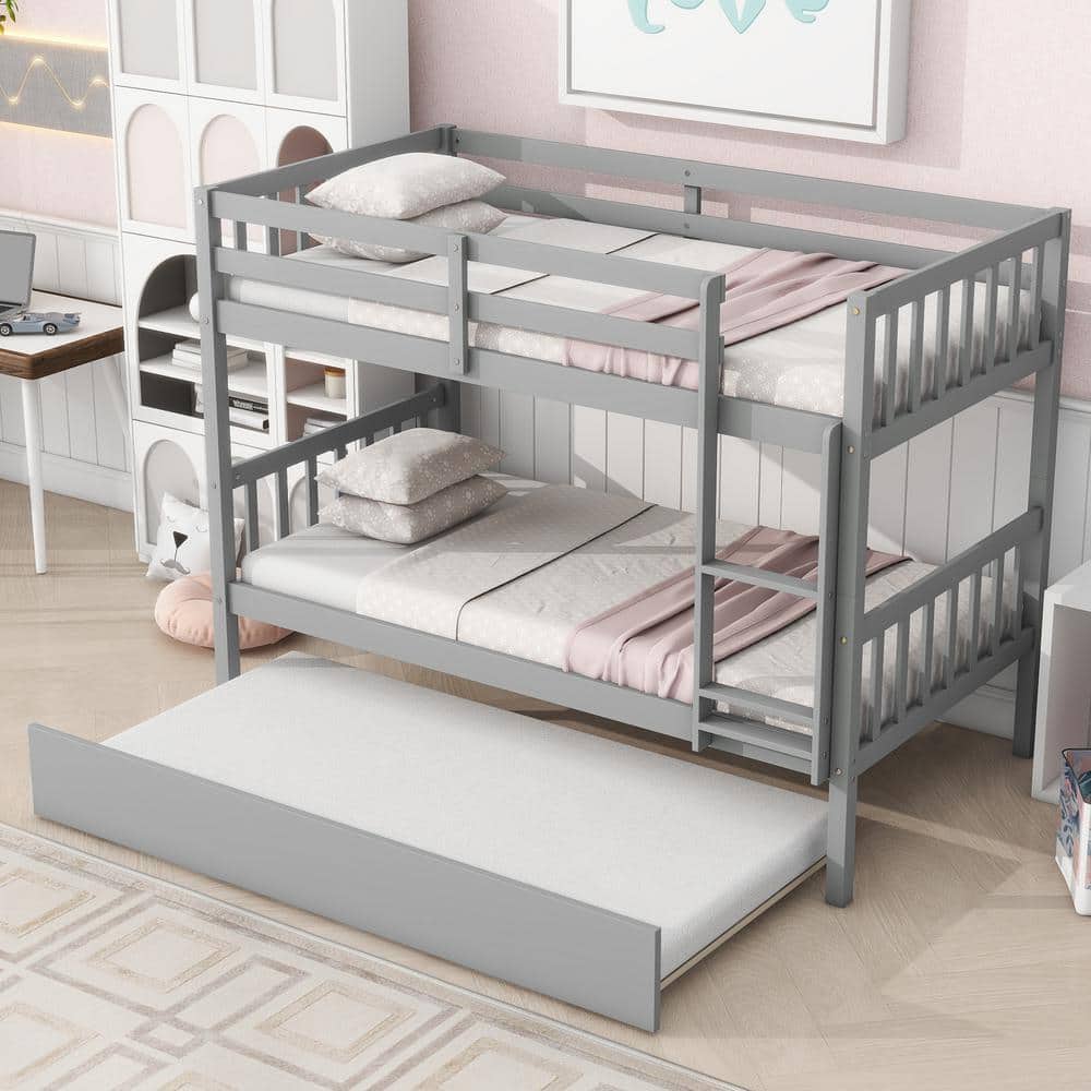 Harper & Bright Designs Gray Twin Over Twin Wood Bunk Bed with Trundle ...