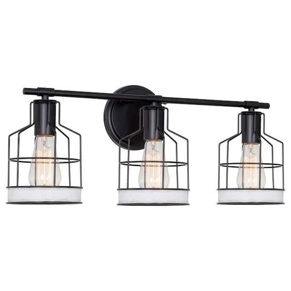Kira Home Halstead 23 in. 3-Lights Black with White Ash Wood Style Farmhouse Bathroom Vanity Light