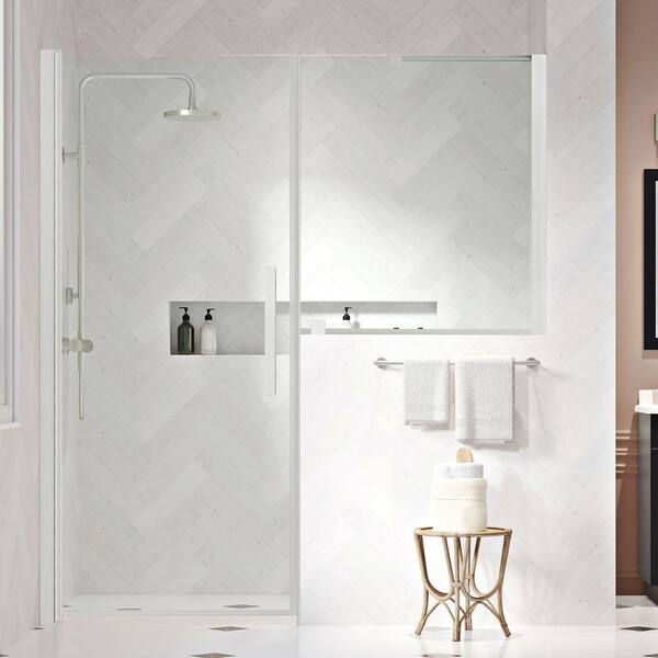 OVE Decors Pasadena 69-7/16 in. W x in. H Pivot Frameless Door in SN with Buttress Panel