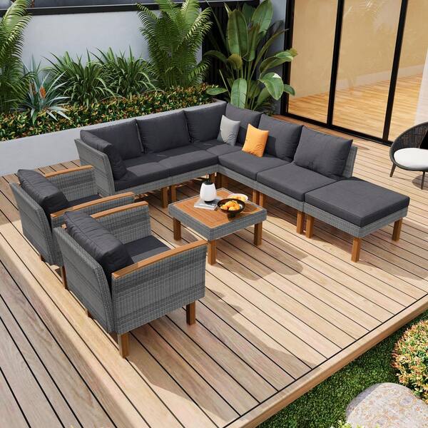 Runesay 9-Pieces Wicker Outdoor Sectional Sofa Set Patio Conversation ...