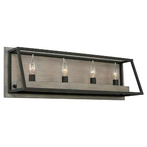 Rutledge 24.25 in. 4-Lights Sandblasted Black with Gray Oak Wood Style Farmhouse Bathroom Vanity Light