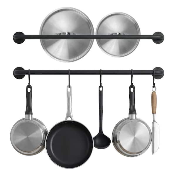 Steel Kitchen Utensil Rack Organizer, Wall Mounted Pot and Pan Hanger with 10 S Hooks, Black