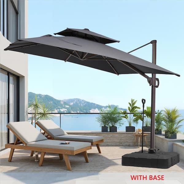 Double Top 11.5 ft. x 9 ft. Aluminum 360° Rotation Cantilever Patio Umbrella in Gray with Wheeled, Pull Rod Base