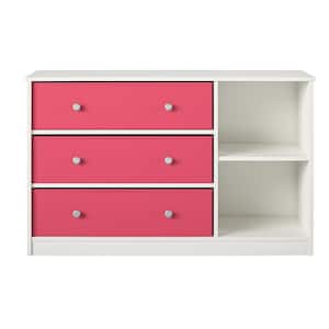 Mya Park Wide Dresser with 3-Fabric Bins, White w/ Pink Bins