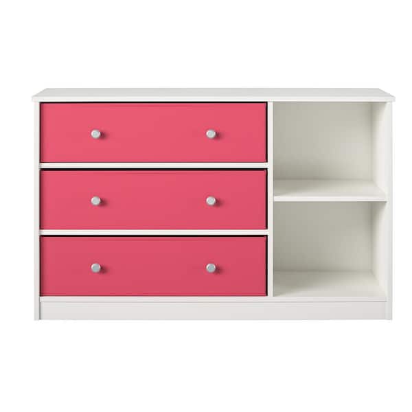 Ameriwood Home Mya Park Wide Dresser with 3-Fabric Bins, White w/ Pink Bins