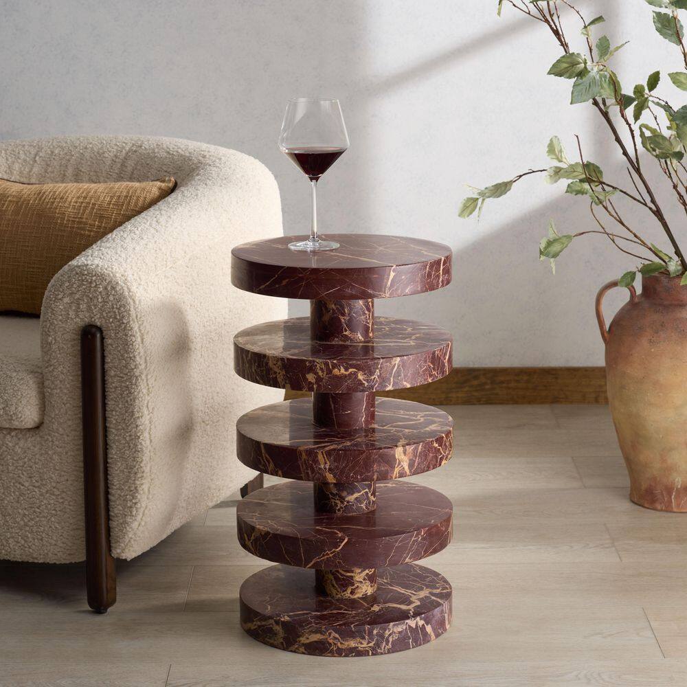 Couture Danny 14 in. Red/White Round Marble End Table