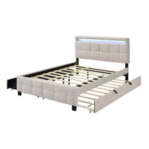 Beige Wood Frame Queen Size Linen Upholstered Platform Bed with LED Lighted Headboard, Twin XL Trundle, 2-Drawers