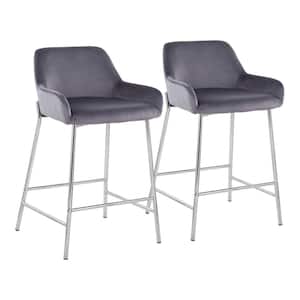 Daniella 33 in. Fixed-Height Silver Velvet and Chrome Counter Height Bar Stool (Set of 2)