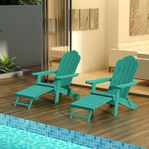 Plastic Folding Adirondack Chair with Pullout Ottoman with Cup Holder in Green