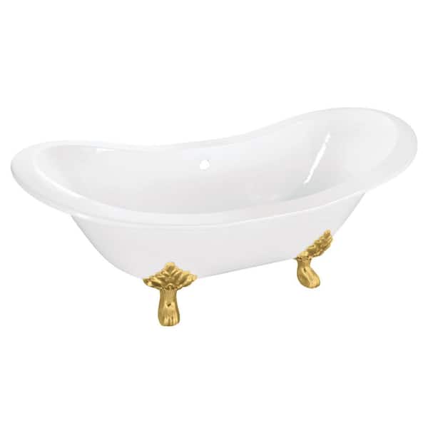 Aqua Eden 61 in. x 30.1 in. Cast Iron Oval Clawfoot Soaking Bathtub in White/Brushed Brass