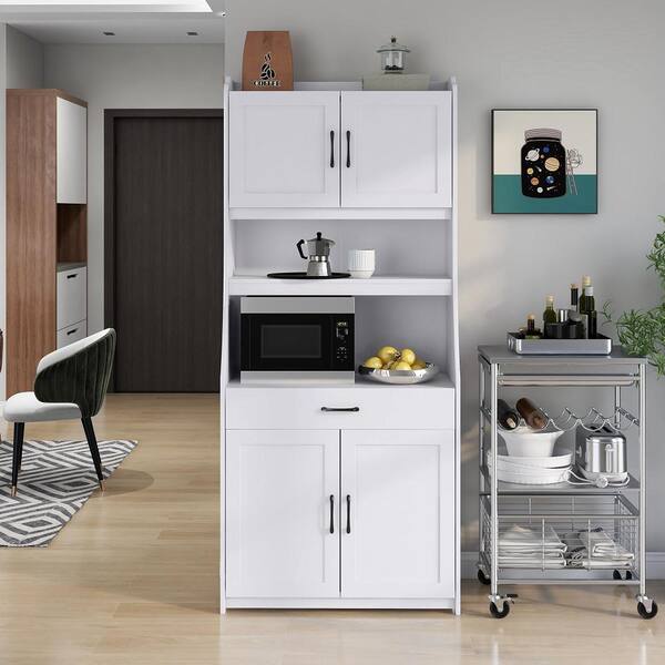 4-Door 71' Kitchen Buffet Pantry Storage Cabinet w/Hutch Adjustable Shelf White Latitude Run Color: White