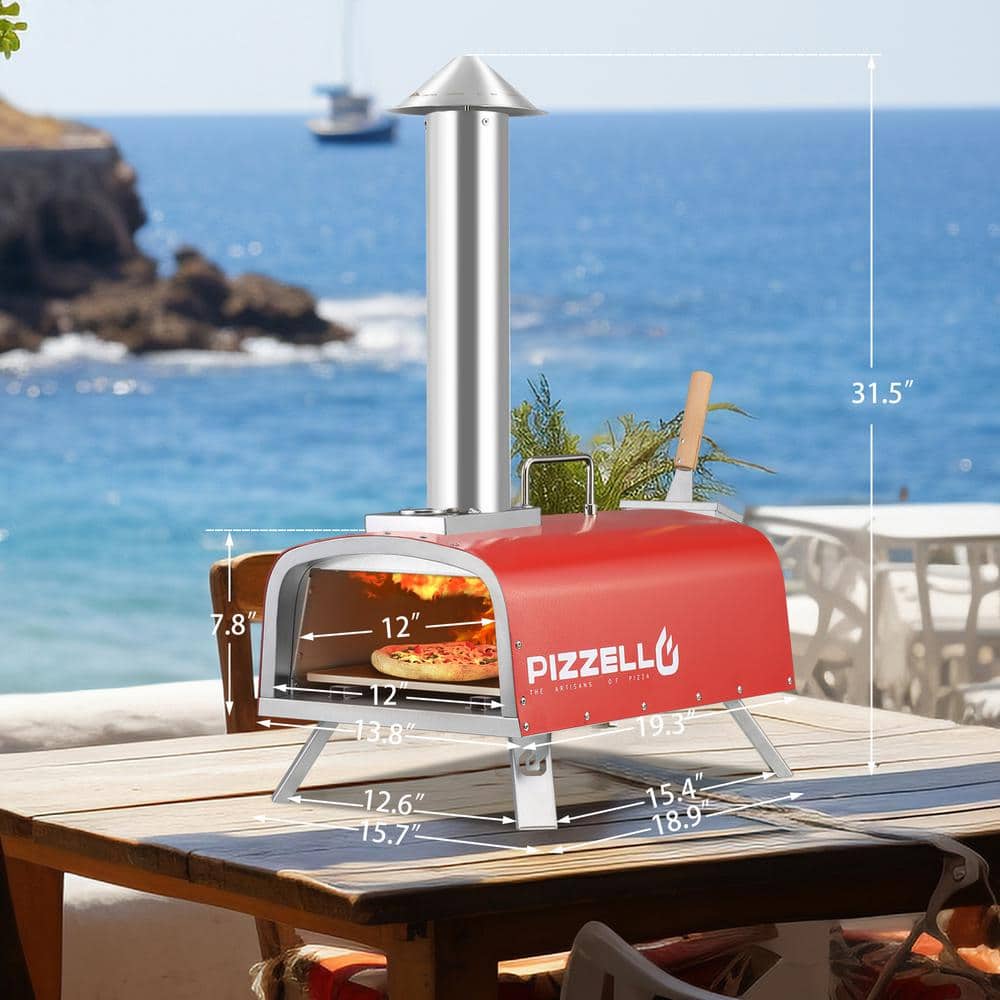 12" Red Stainless Steel Outdoor Gas and Wood Pizza Oven
