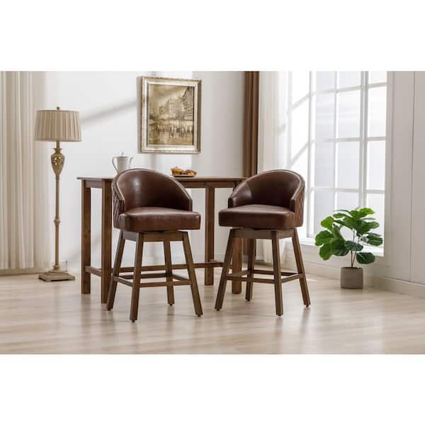 Aravyn 28.35 in. H Brown PU Leather Upholstered Barrel Back Solid Wood Swivel Counter Bar Stool (Set of 2)