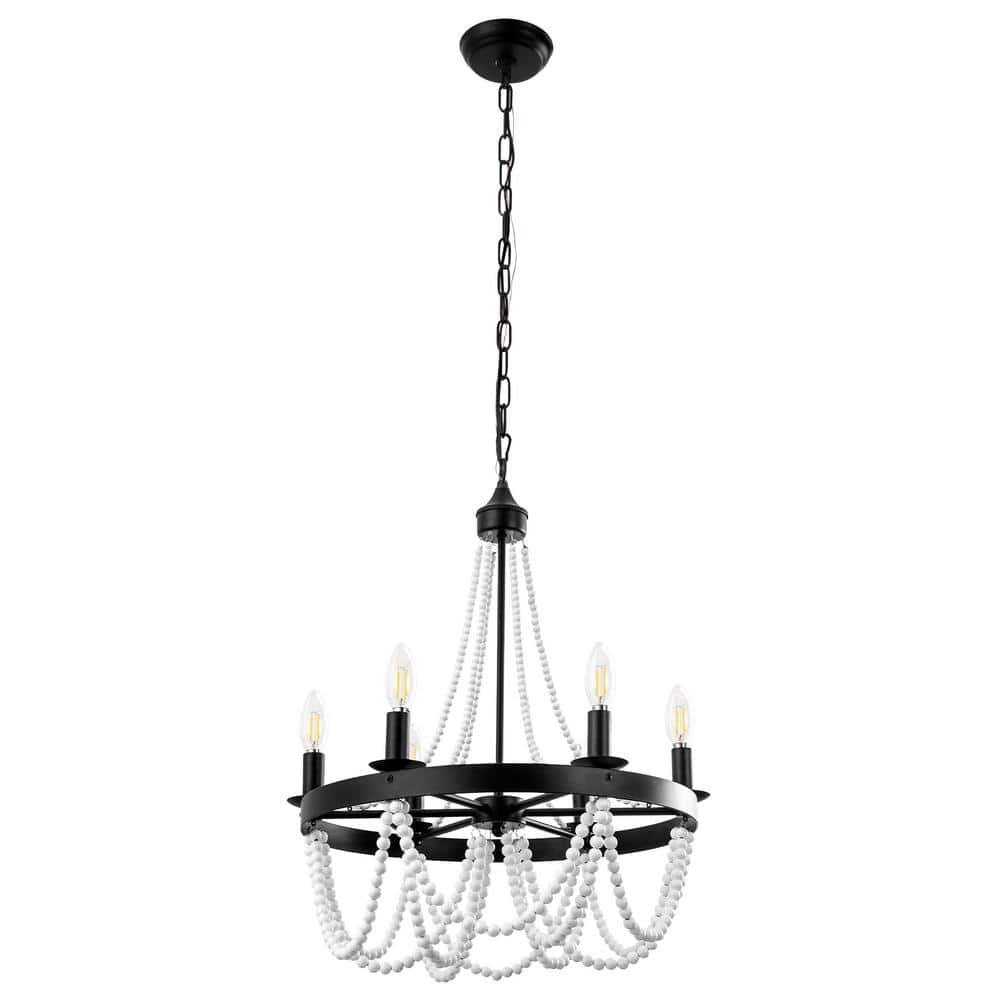 Briignite 6-Light Matte Black Chandelier with White Wood Beads