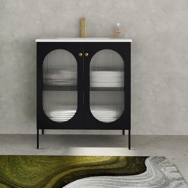 Staykiwi 30 in. W x 18 in. D x 34 in. H Single Sink Freestanding Bath Vanity in Black with White Ceramic Top