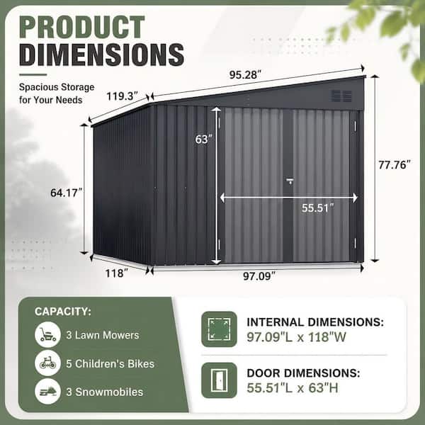 AECOJOY 8 ft. W x 10 ft. D Lean to Metal Garden Shed Outdoor