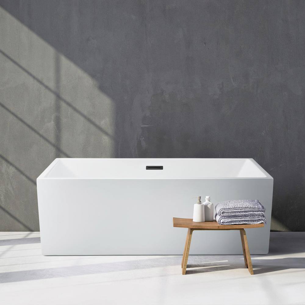 66" Glossy White Freestanding Acrylic Soaking Bathtub with Bamboo Tray