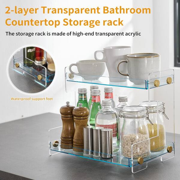 Tasybox 2-Tier Acrylic Corner Shelf - Clear Countertop Organizer For Bathroom, Kitchen, Office Surfaces