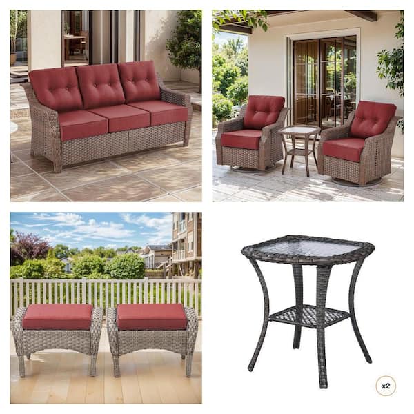 Round Side Wicker Sofa, Swivel Rocking Chair, Brown Side Table and Gray Ottoman with Red Cushions (2-Pack) Combo