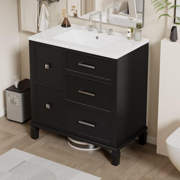 EPOWP 30 in. Single Sink Freestanding Black Bath Vanity with White Ceramic Top and 5 Drawer Storage Cabinet Unassembled