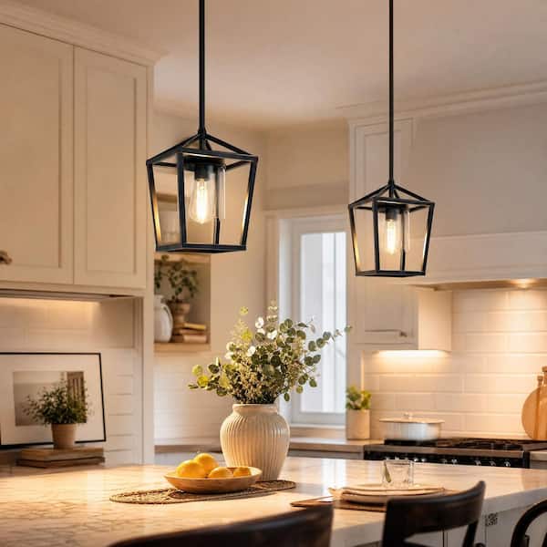 1-Light Matte Black Modern Farmhouse Cage Lantern Shaded Pendant Lighting with Clear Glass Shade for Dining Room, 2-Pack
